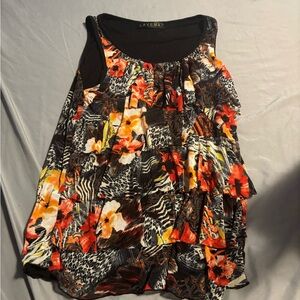 Floral Tiered Sleeveless Top - Black with Orange & Yellow Floral Print